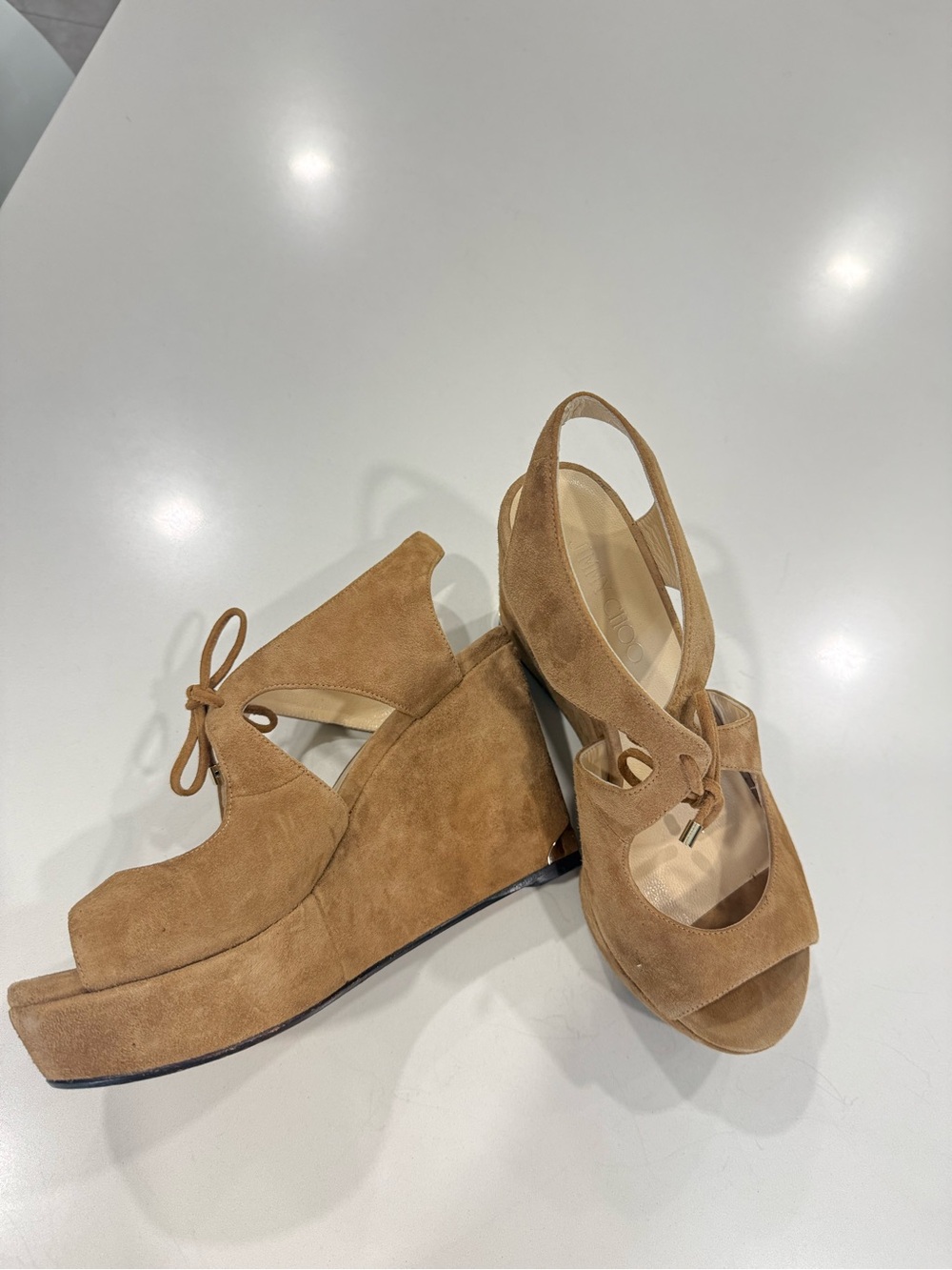 Jimmy Choo Tan Suede Tie-Front Wedge Sandals